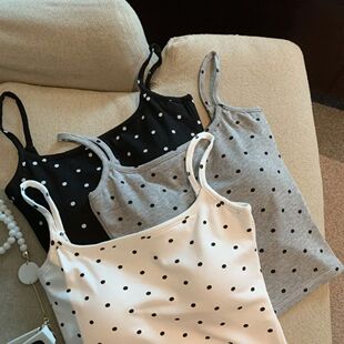 女波点带胸垫露背吊带背心上衣 Polka Dot Built-in Bra Tank Top