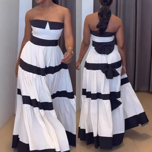 时尚撞色条纹拼接蝴蝶结连衣裙Striped Spliced Dress With Bow