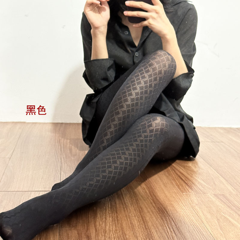 竖条波浪格纹微透提花打底连裤袜
