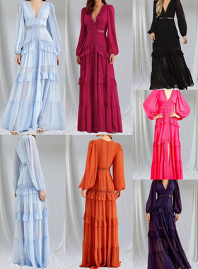 Spliced V Neck Long Sleeve Dress女士拼接 V 领长袖气质连衣裙