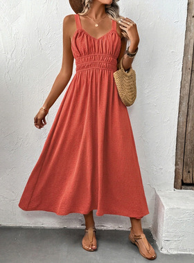 欧美女士夏季无袖褶皱吊带裙Casual Pleated Textured Slip Dress