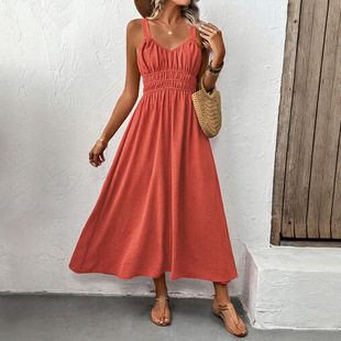 欧美女士夏季无袖褶皱吊带裙Casual Pleated Textured Slip Dress