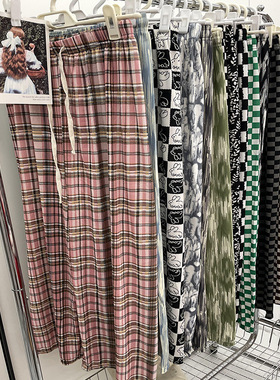 Summer thin checkered printed wide-leg pants夏季薄款格子长裤