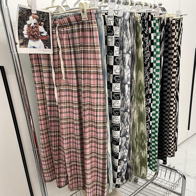夏季薄款格子印花阔腿裤