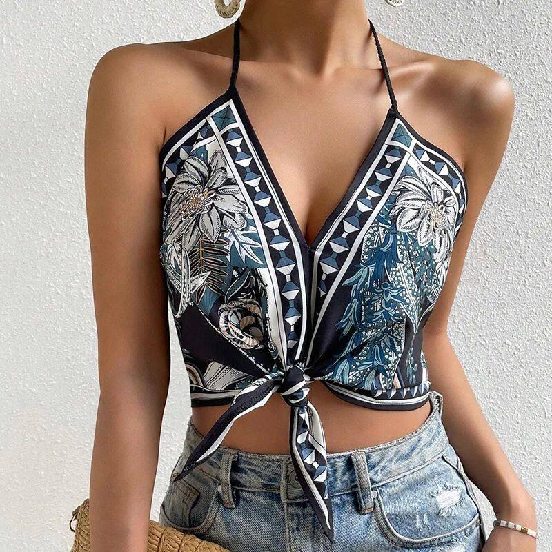 European Style Knot Camisole挂脖吊带性感打结款露背背心上衣