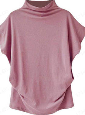 纯色高领休闲T恤上衣 Solid-color high-neck casual T-shirt top