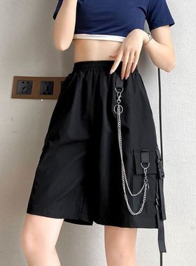 链条设计黑色直筒工装短裤Loose straight-leg shorts for summer