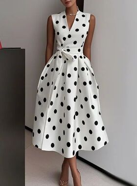 女士气质法式波点收腰显瘦连衣裙Vintage Polka Dot Waist Dress