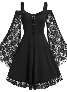 一字领蕾丝长袖连衣裙One-neck lace paneled long-sleeved dress