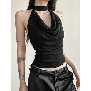 露背吊带上衣女Y2K Tank Sexy Backless Top Halter 荡领挂脖无袖