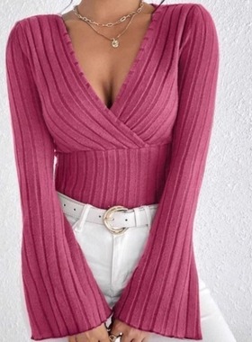 V领修身性感长袖t恤上衣V-neck fitted long-sleeved T-shirt top