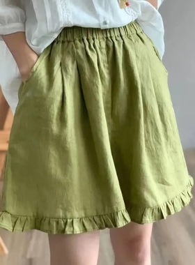 Retro green loose wide-leg shorts复古绿色 木耳边宽松阔腿短裤