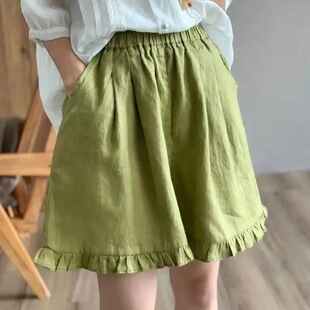 wide loose leg shorts复古绿色 Retro 木耳边宽松阔腿短裤 green