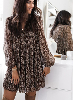 Loose leopard print V-neck hem skirt 女士 宽松豹纹V领大摆裙