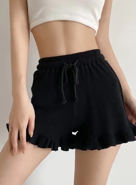 纯色高腰拼接花边透气短裤 High-waisted lace breathable shorts