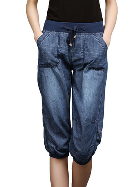 Elasticated waistband denim cropped pants松紧腰款 牛仔七分裤
