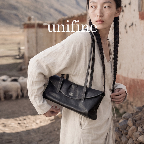 UNIFINE信封法棍包简约牛皮腋下包通勤包时尚单肩包