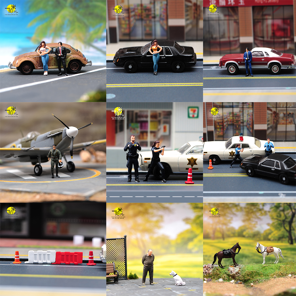 特价 现货 1/64比例 多款微缩场景模型搭配手工涂装车模小人偶
