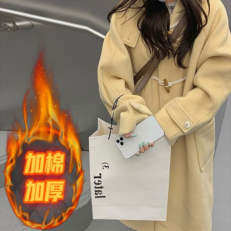 毛呢外套女2025新款黄色牛角扣大衣秋冬季加厚小个子韩系温柔风衣