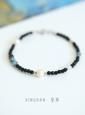天然淡水珍珠黑尖晶纯银手链女