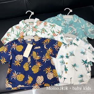 出口日单PM海岛风儿童短袖衬衫 男童夏季菠萝椰树印花衬衣宝宝