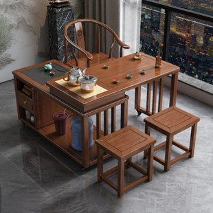 实木旋转茶桌家用移动小茶台茶几一体两用书桌办公转角茶桌椅组合