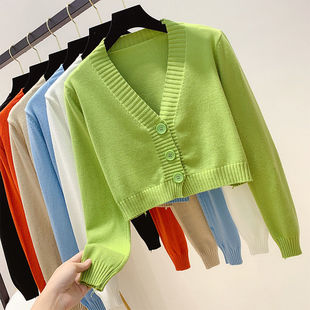 Long sleeve Crop Top V neck Fashion Clothes Green Blue毛衣