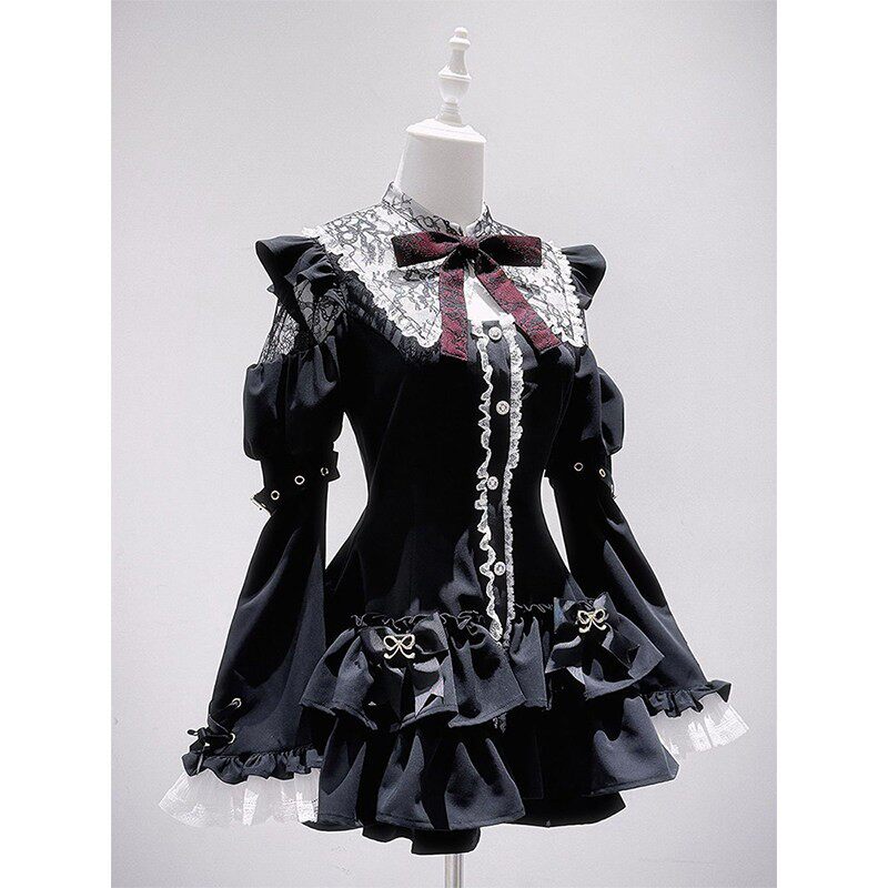 thumbnail for Japanese-style dark sweet cool style set, women's autumn niche subculture lace dress + two-piece shorts and lace dress