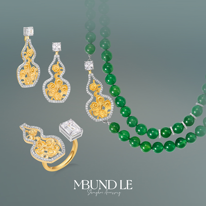 摩邦珠宝山海云云-祥云葫芦玉髓项链耳环戒指套装耳钉首饰新中式