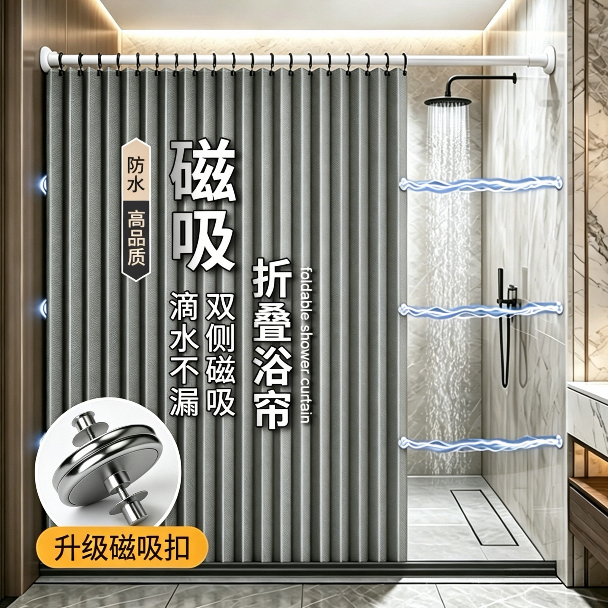 折叠浴帘配重磁吸隐形防水布帘