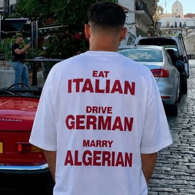 Eat Italian Drive German 趣味印花英文短袖创意小众设计短袖T恤