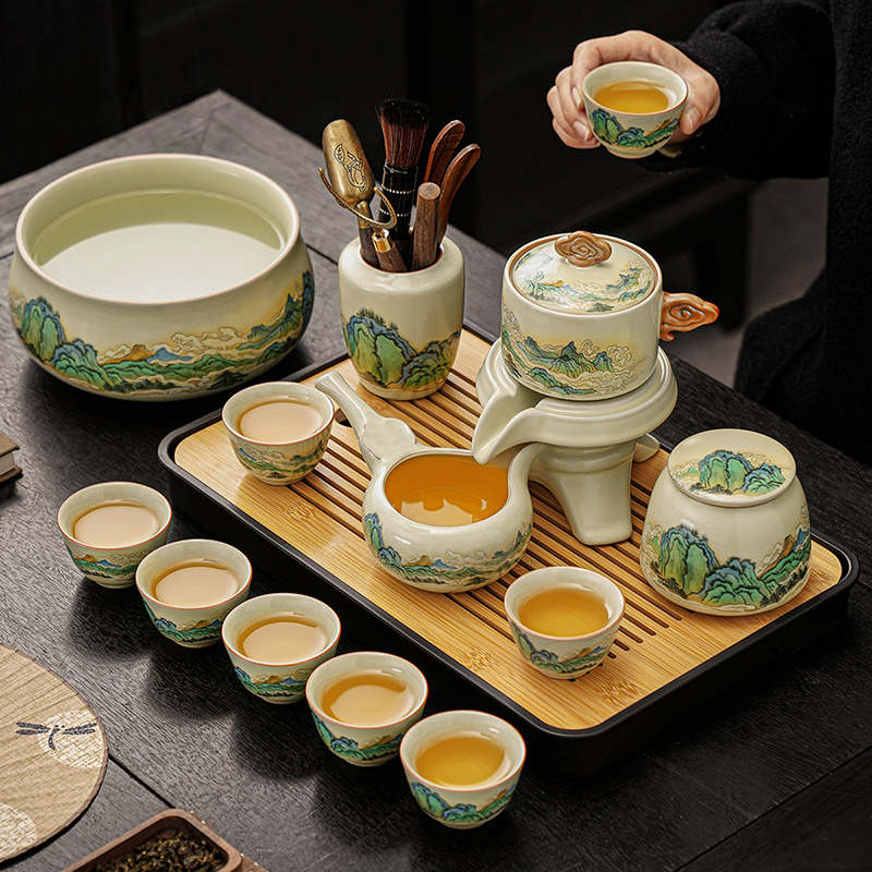 汝窑千里江山自动茶具套组家用功夫轻奢高档懒人泡茶神器送礼长辈