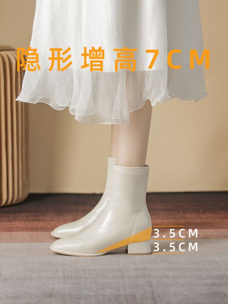 内增高短靴女白色秋冬小个子方头法式女靴子瘦瘦靴313233小码女鞋