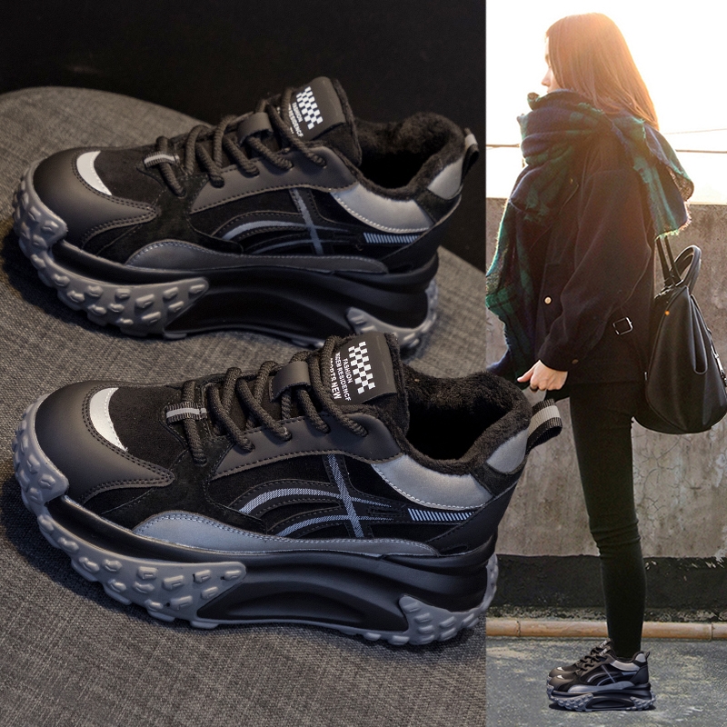 厚底老爹鞋女2025新款秋冬真皮加绒小个子内增高休闲运动阿甘棉鞋