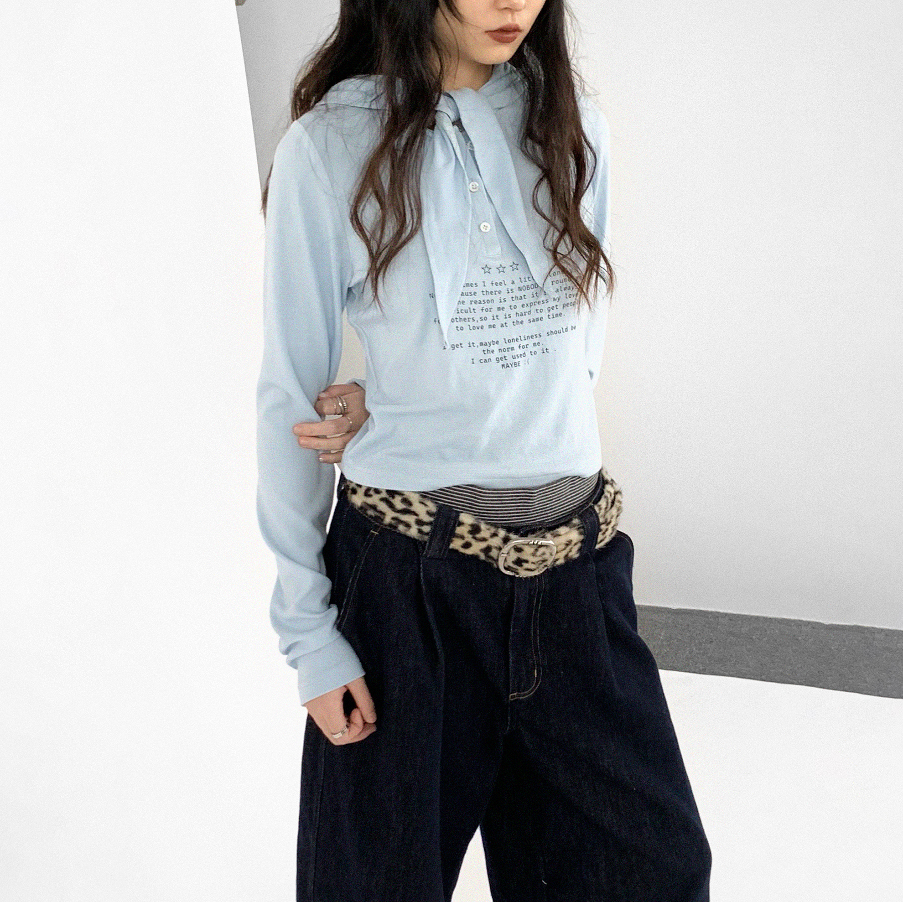 innomoood sad letter连帽系带长袖印花打底内搭上衣T恤三色百搭