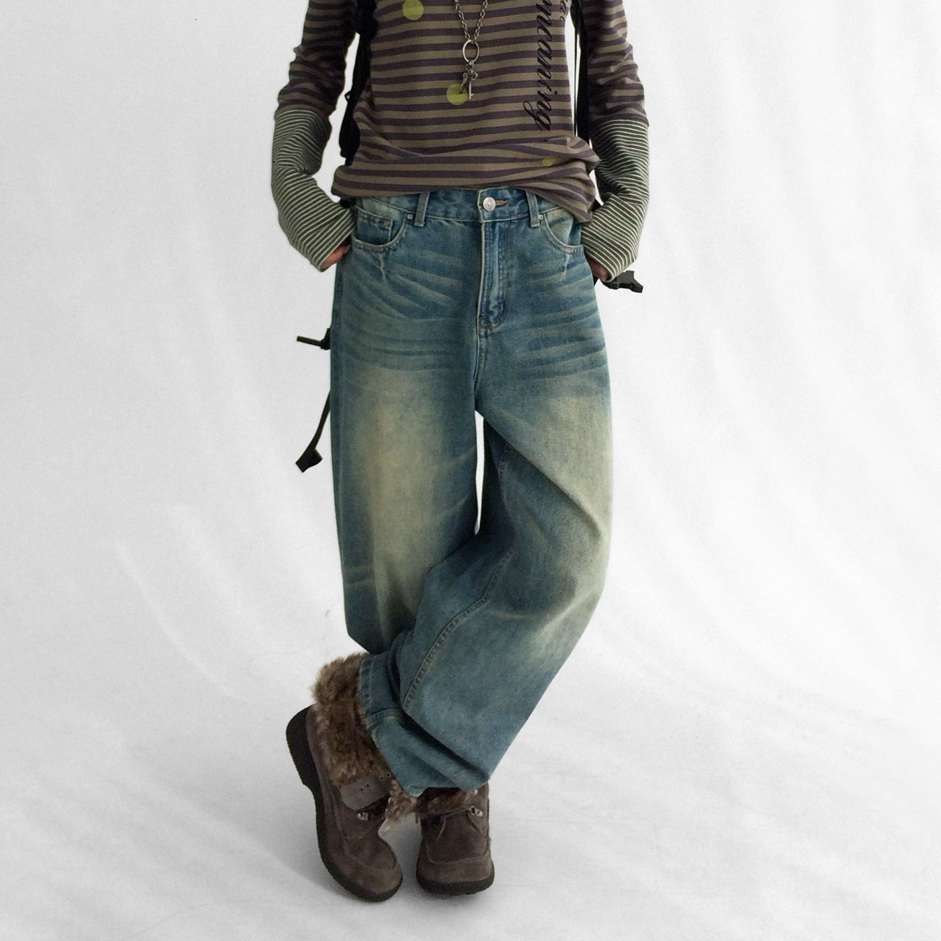 innomoood 一条就够了直筒做旧洗色盐绿长裤牛仔刺绣复古百搭显瘦