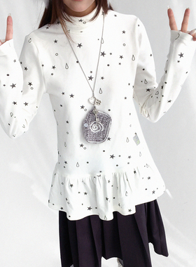 innomoood tears star星星泪滴德绒条纹高领荷叶边打底t恤长袖