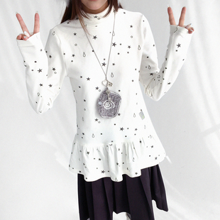 star星星泪滴德绒条纹高领荷叶边打底t恤长袖 innomoood tears