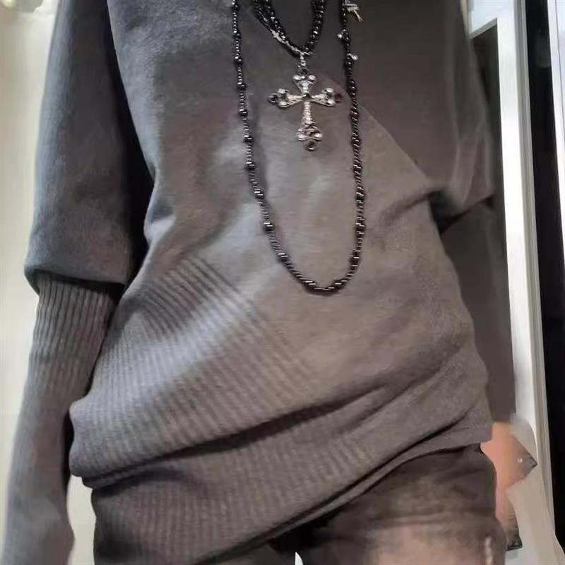 深灰色堆堆领长袖针织衫女秋冬复毛针织衫