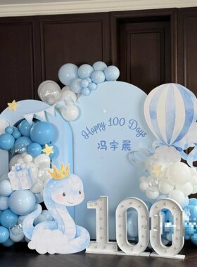 蛇宝宝生日宴背景云朵棉花糖ins风热气球男女宝宝百日宴背景布置