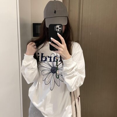 韩国白色印花长袖t恤女罩衫