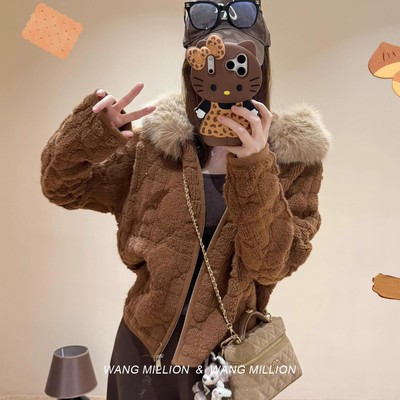 韩国焦糖色针织开衫外套连帽