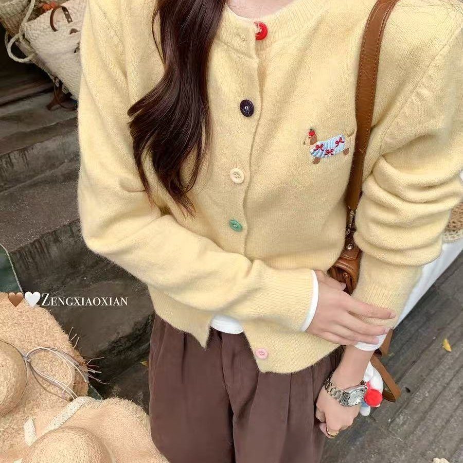 韩国2025早秋黄色刺绣开衫毛衣