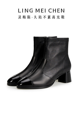 灵梅陈高光鞋圆头短靴小香风高跟鞋靴子真皮弹力粗跟袜靴瘦瘦靴女