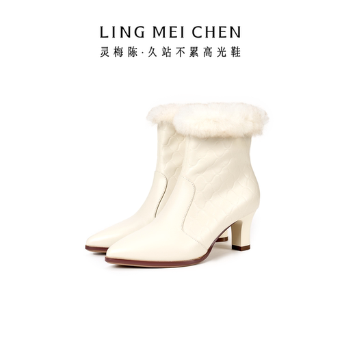 灵梅陈白色短靴加绒毛毛高跟靴女