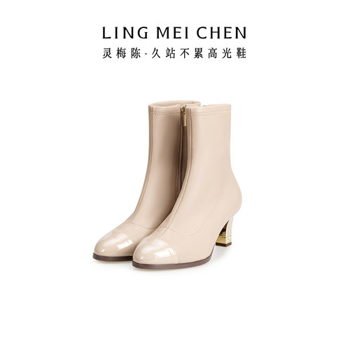 灵梅陈小香风短靴弹力羊皮高跟靴