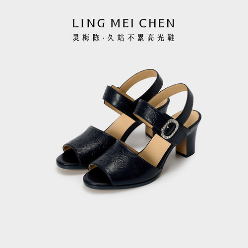 灵梅陈夏季高跟鞋真皮粗跟凉鞋女