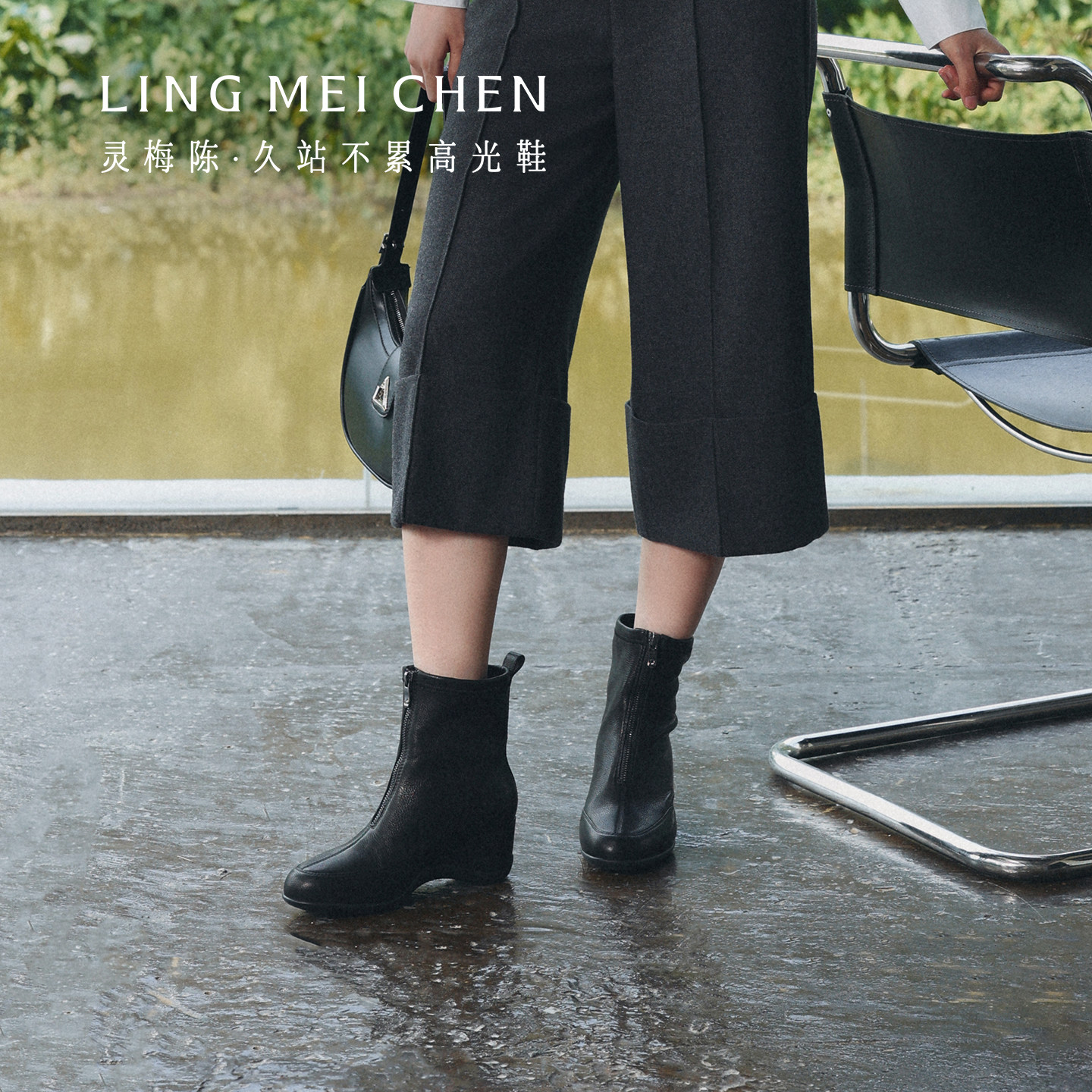 灵梅陈坡跟弹力靴真皮增高短靴女图片