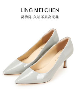 LINGMEICHEN灰色高跟鞋女亮面漆皮法式职业女鞋新款真皮细跟单鞋