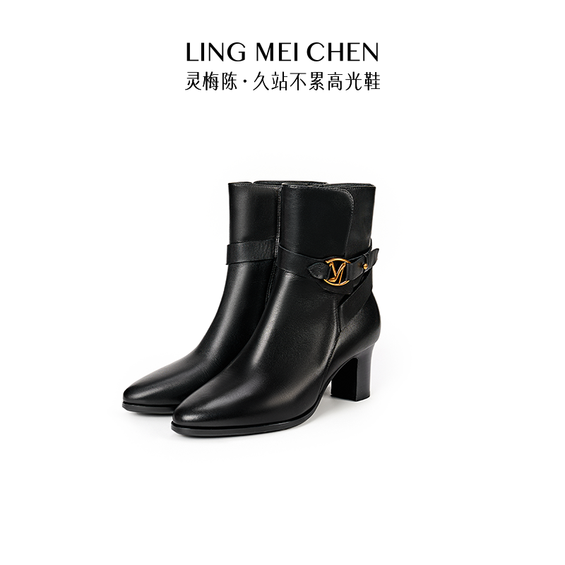 灵梅陈马鞍扣粗跟骑士靴加绒女靴